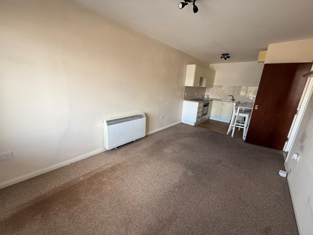 Lot: 219 - ONE-BEDROOM FLAT IN NEED OF MODERNISATION - Other angle of living room showing kitchen